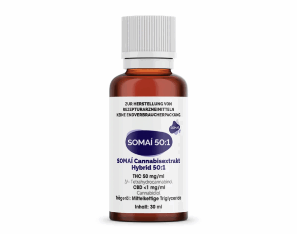 Eine 30ml Braunglasflasche mit einer weißen Kappe, beschriftet mit SOMAI Cannabisextrakt Hybrid 50:1 (THC 50 mg/ml, CBD 0 mg/ml), ist ein medizinisches Cannabis-Vollspektrumextrakt, erhältlich in Ihrer Cannabis Apotheke.