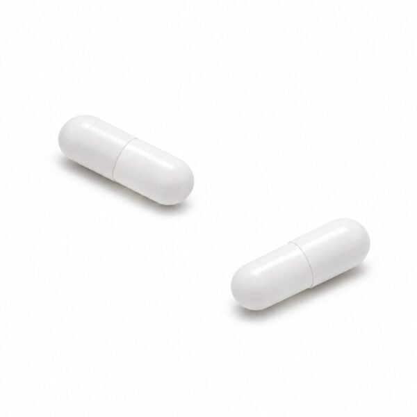 Zwei weiße, längliche Kapseln – THC-Kapseln 2,5 mg Novacana 65 T, 10 Stück – sind auf einem schlichten weißen Hintergrund abgebildet, wobei sie voneinander beabstandet und diagonal zueinander angeordnet sind.
