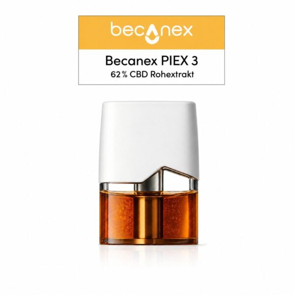 Eine 0,5ml Curaleaf Vape Kartusche mit der Aufschrift "Becanex PIEX 3 62% CBD Rohextrakt (ohne Curaleaf Gerät QMID)" befindet sich unter einem gelben "becanex" Banner - perfekt für Premium CBD Rohextrakt Nutzer oder diejenigen, die Curaleaf Alternativen suchen.