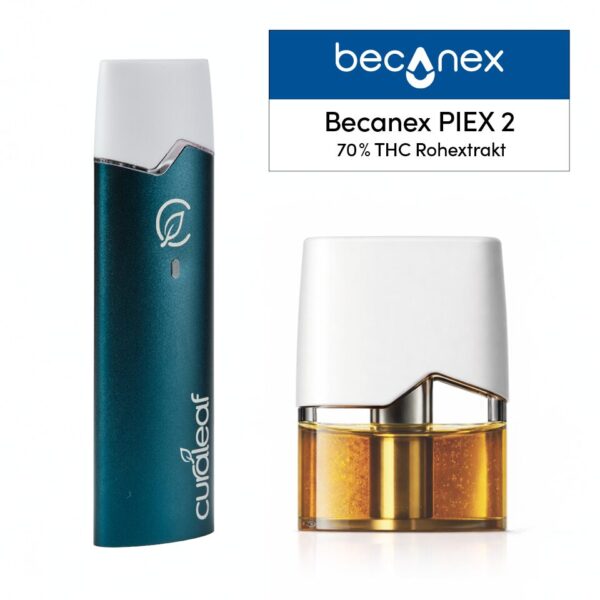 Ein tealfarbener und weißer Curaleaf Vape QMID steht aufrecht neben einer 0,5-ml-Patrone mit der Aufschrift Becanex PIEX 2, die Rohextrakt mit 70% THC enthält, von Becanex Vape Kartuschen.
