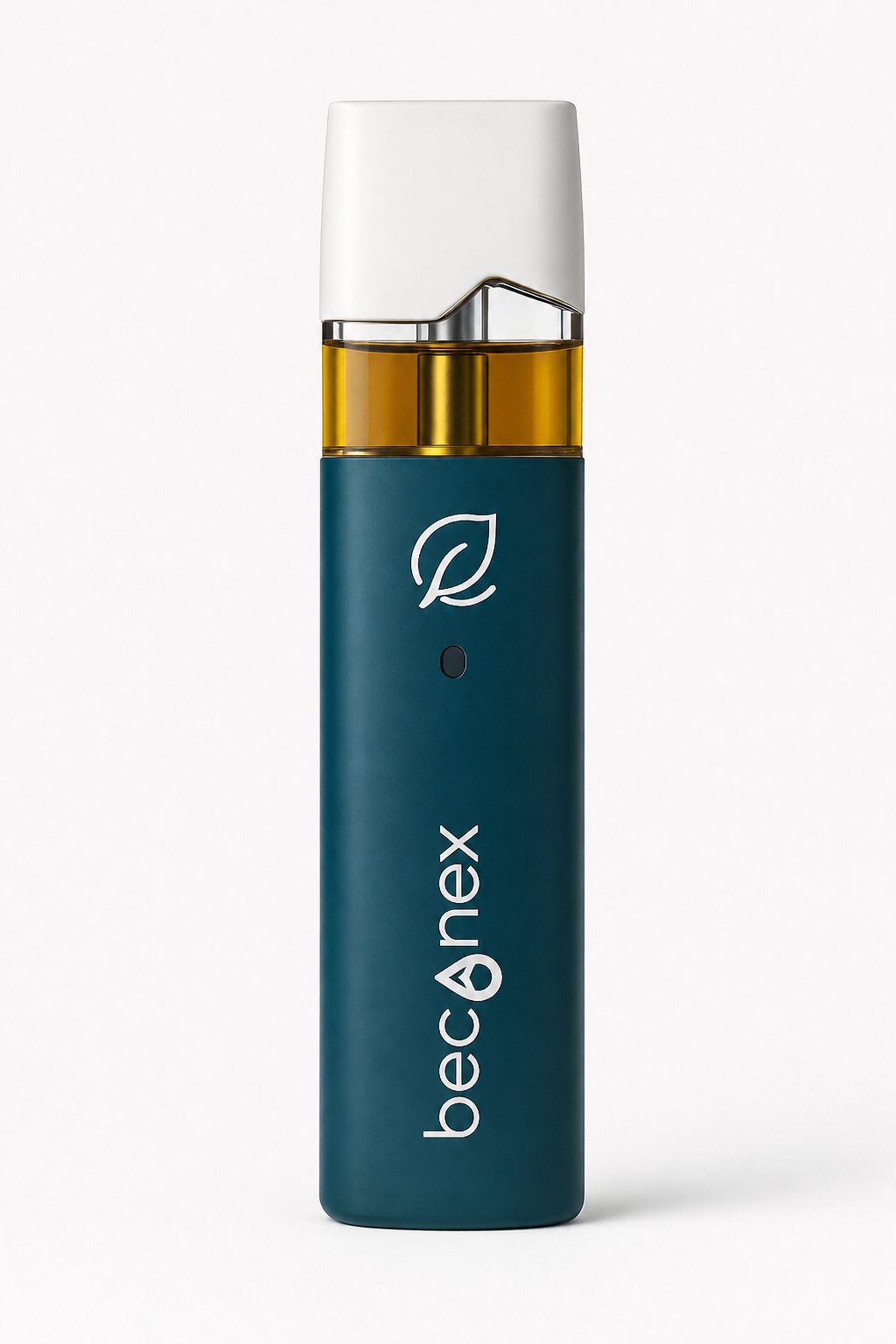 Ein türkis-weißer Curaleaf Vape Becanex PIEX 2 70/1 (0,5 ml) mit einem durchsichtigen gelben Tank und einem Blatt-Logo, beschriftet mit „beco nex“, konzipiert für die Verwendung mit dem Curaleaf-Gerät QMID.