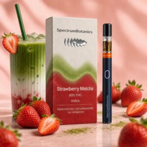 Ein THC-Vape-Pen, eine Schachtel mit der Aufschrift „THC Vape 80 % Spectrum Botanics Strawberry Matcha“, frische Erdbeeren und ein mehrschichtiges Erdbeer-Matcha-Getränk mit einem Strohhalm sind auf einer rosa Unterlage angeordnet. Der Text hebt einen 80-prozentigen THC-Indica-Cannabisextrakt zum Inhalieren von Spectrum Botanics hervor und präsentiert das geschmackvolle „Strawberry Matcha THC Vape“-Erlebnis.